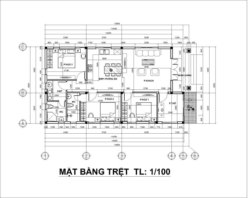 Bản vẽ thiết kế mẫu nhà 1 tầng diện tích 8x15m chi tiết