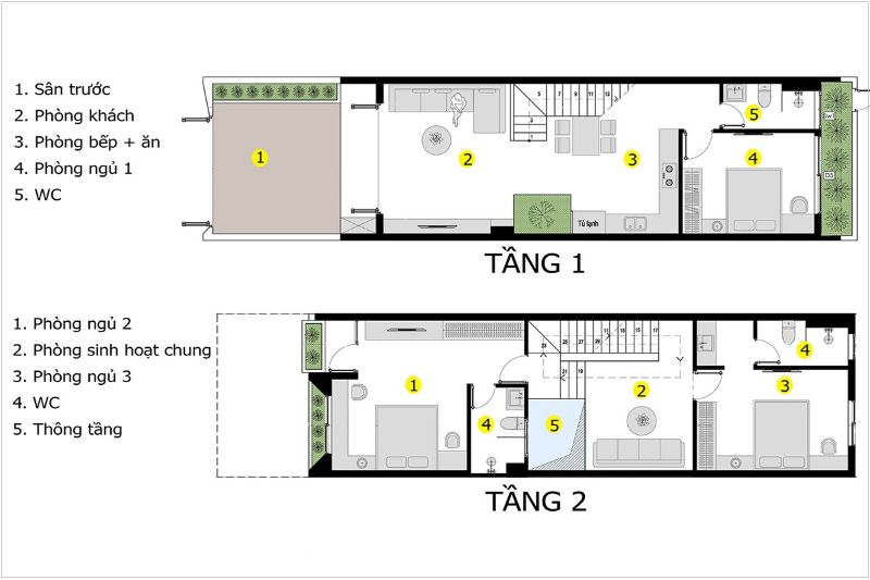 Bản vẽ nhà 1 trệt 1 lầu diện tích 5×16 có 3 phòng ngủ