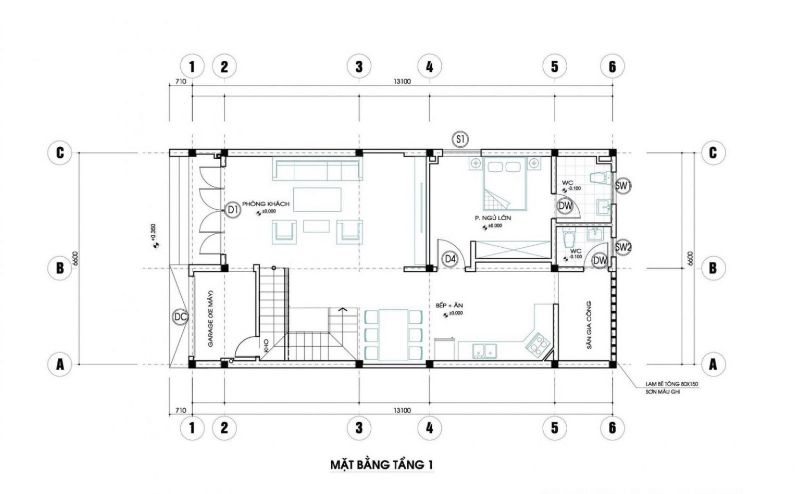 Bản vẽ thiết kế tầng 1 nhà 6x14m 2 tầng đầy đủ tiện nghi