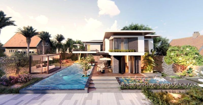 Mẫu thiết kế biệt thự 2 tầng mái bằng có bể bơi xanh mát
