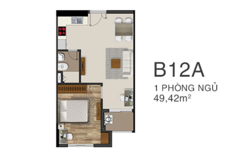 Mẫu thiết kế căn chung cư 1 phòng ngủ rộng 49m2