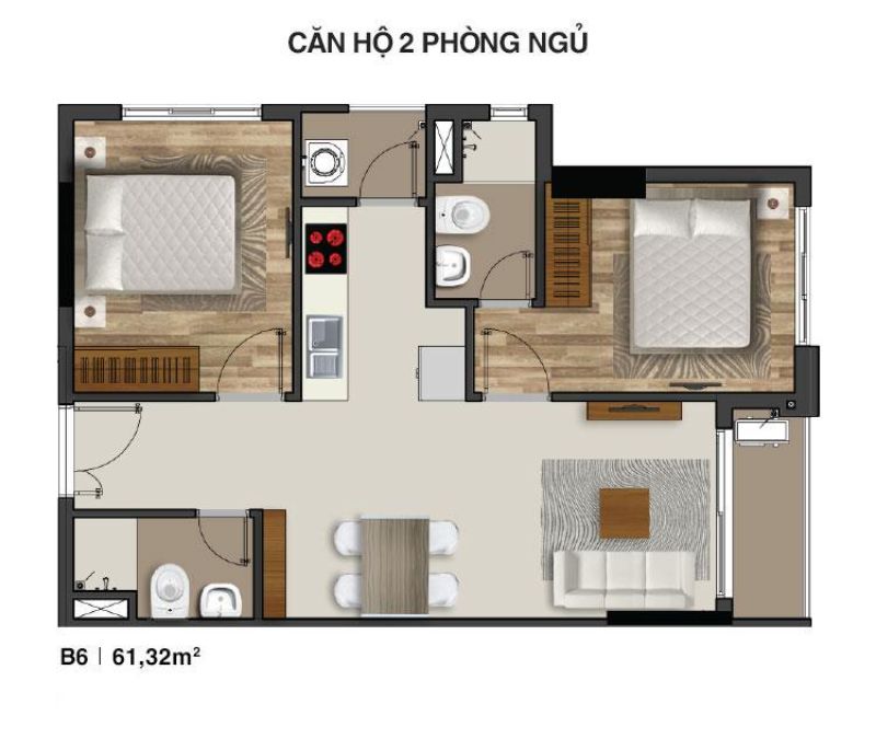 Mẫu thiết kế căn chung cư 2 phòng ngủ diện tích 61m2