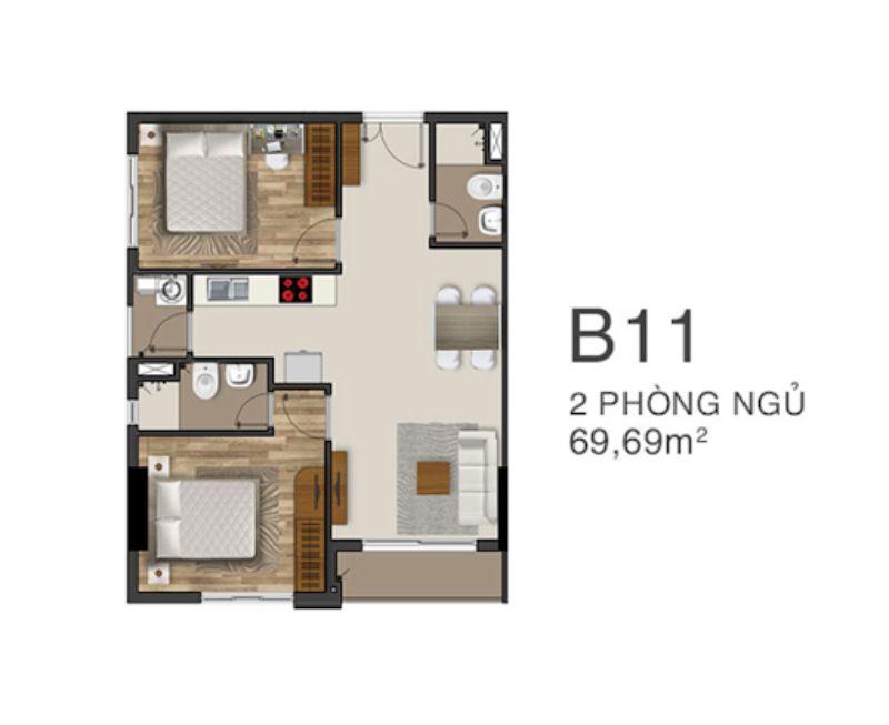 Mẫu thiết kế căn chung cư 2 phòng ngủ diện tích 69m2
