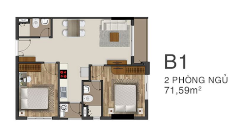 Mẫu thiết kế căn chung cư 2 phòng ngủ diện tích 71m2
