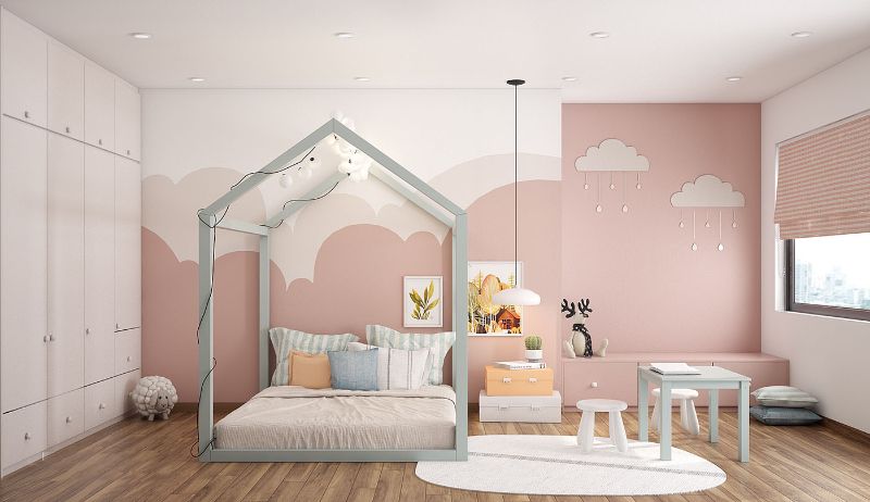 Phòng ngủ cho trẻ em bố trí các món đồ nội thất đơn giản, đáng yêu