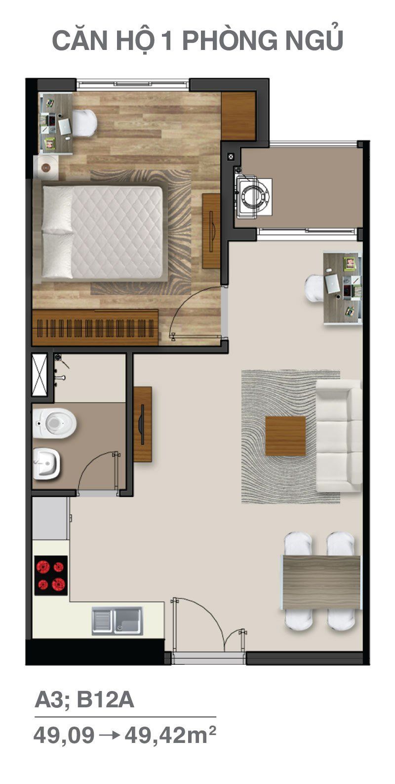 Thiết kế căn hộ 1 phòng ngủ diện tích từ 49.09 - 49.92m2