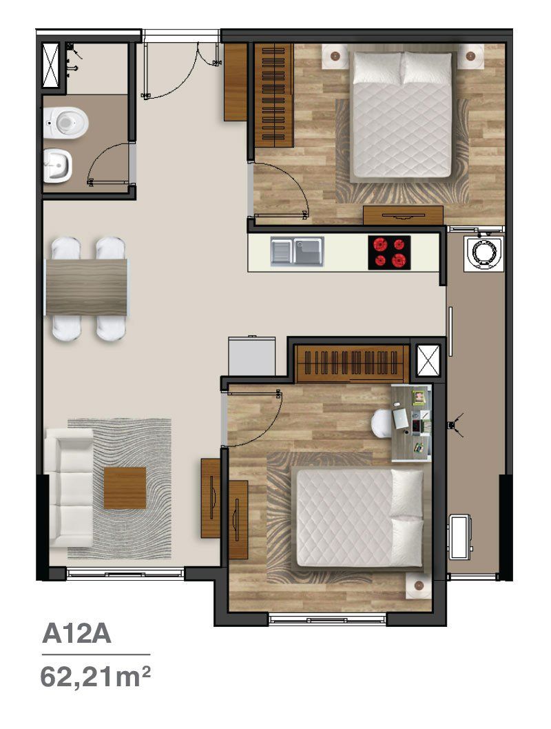 Thiết kế căn hộ 2 phòng ngủ rộng 62.21 mét vuông