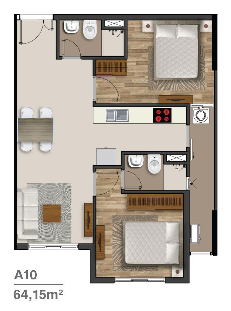 Thiết kế căn hộ 2 phòng ngủ rộng 64.15 mét vuông
