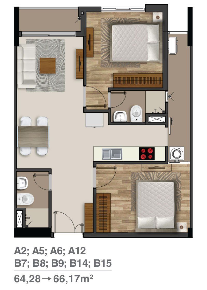 Thiết kế căn hộ 2 phòng ngủ rộng 64.28 - 66.17 m2