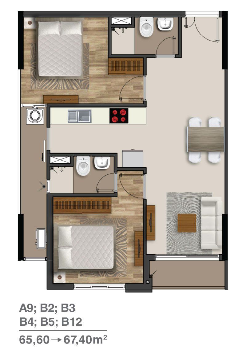 Thiết kế căn hộ 2 phòng ngủ rộng 65.60 - 67.40m2