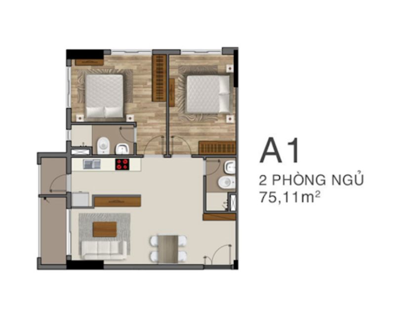 Thiết kế căn hộ 2 phòng ngủ rộng 75 mét vuông