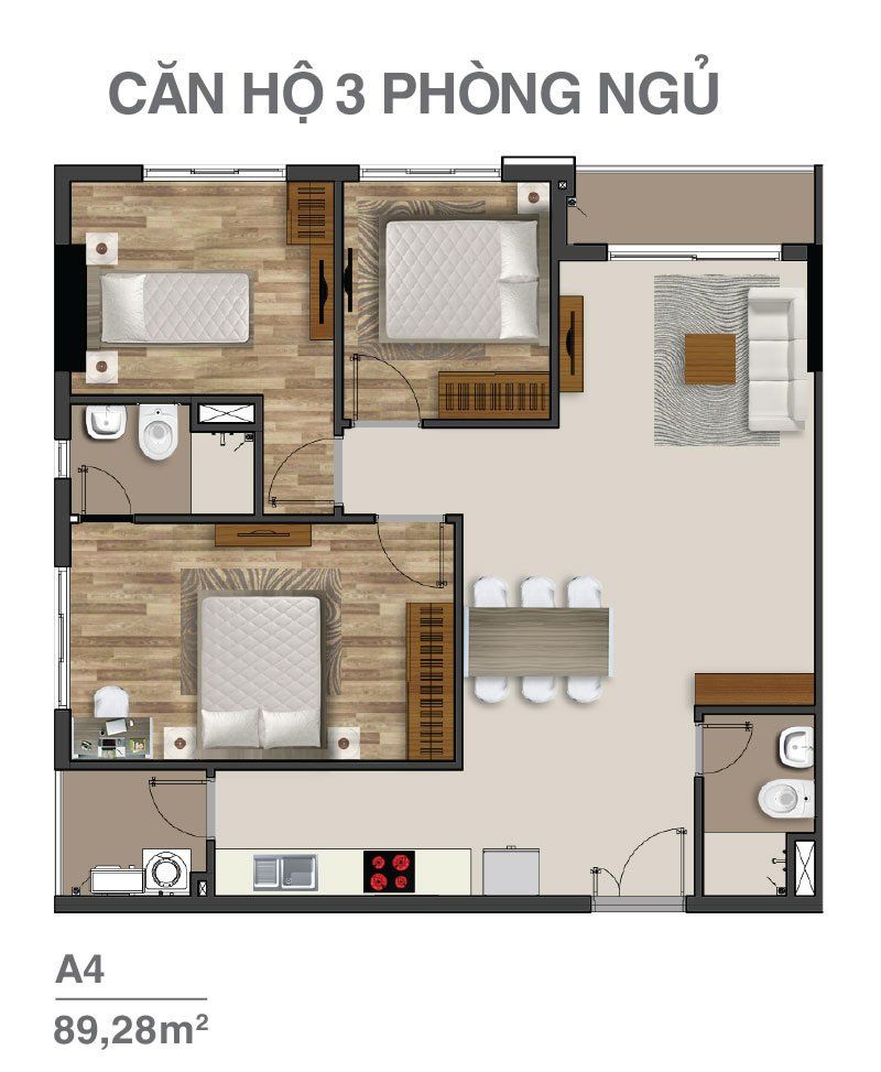 Thiết kế cho căn hộ 3 phòng ngủ có diện tích 89.28m2