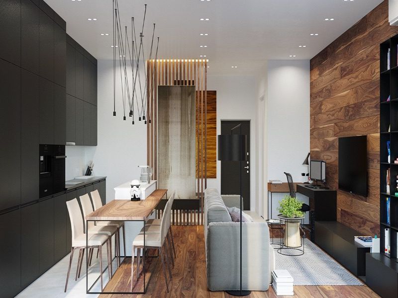 Mẫu chung cư 30m3 thiết kế phòng khách và bếp ăn kết hợp