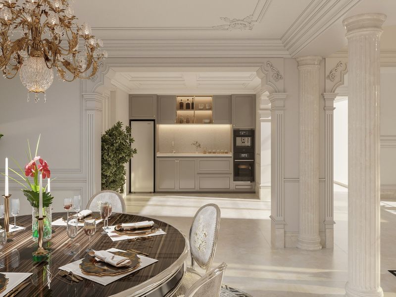 Phòng bếp thiết kế phong cách luxury với tone màu nhẹ nhàng, sang trọng