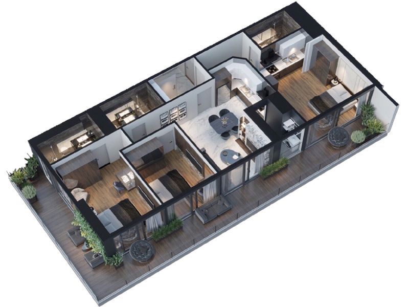 Thiết kế căn hộ chung cư 90m2 3 phòng ngủ với màu đen huyền bí