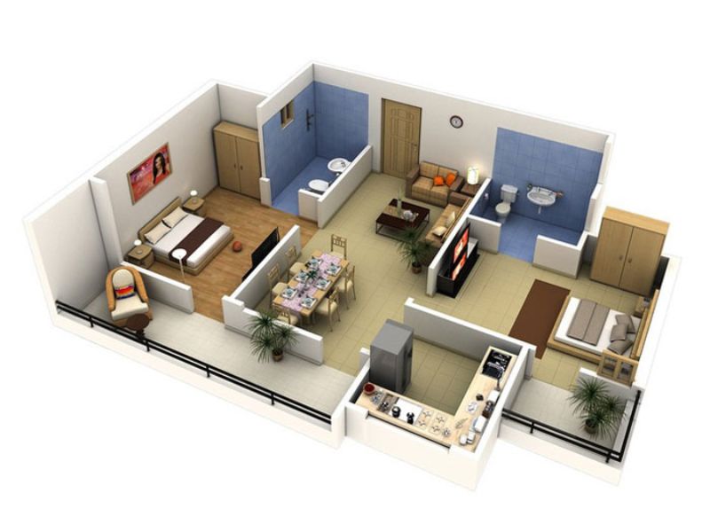 Thiết kế chung 60m2 2 phòng ngủ giúp tiết kiệm chi phí cho gia chủ